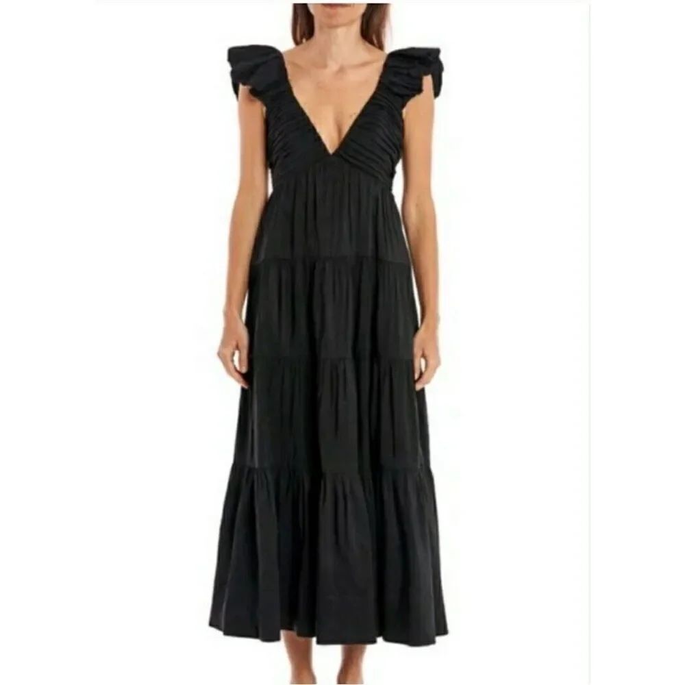NWOT La Ligne Size Small Anais Dress Black Smocked Long Pleated